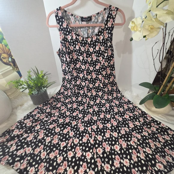 Perception New York VTG Floral Black and Pink Midi Dress. Size L - Picture 1 of 6